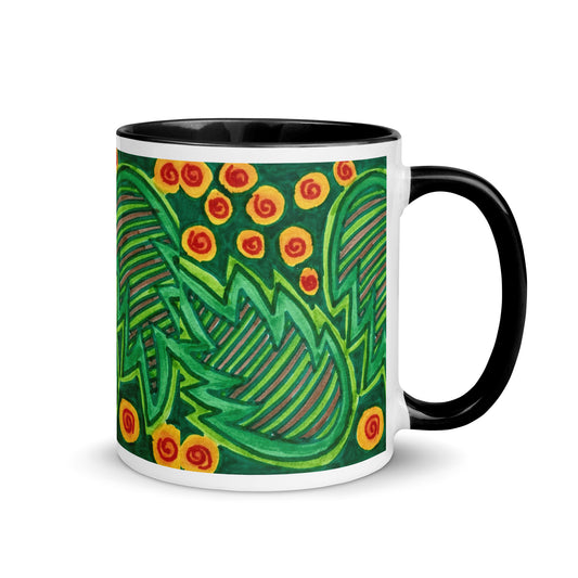 Bold Green Leaf Mug with Spiral Dots – Nature-Inspired Graphic Botanical Art – Duvencioglu