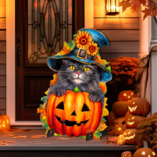Freestanding Halloween Black Cat Decor - Handcrafted Wood Art by G. Debrekht (Made in USA) – Duvencioglu