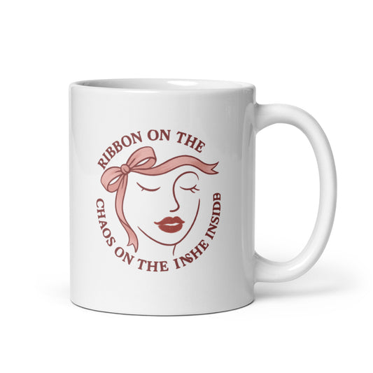 Ribbon & Resting Face Mug – Messy Coquette Bow Lip Cup, Cute Feminine Mood Gift – Duvencioglu