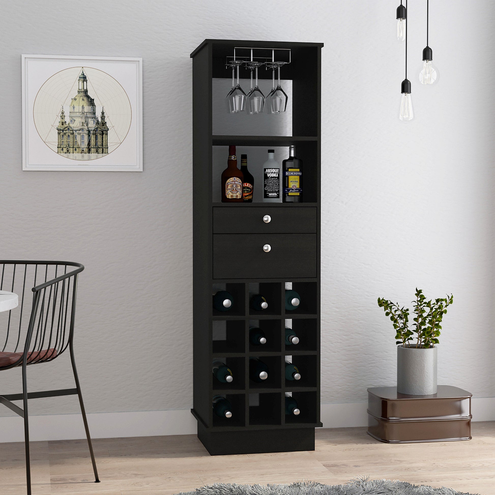 63" Black Wood Bar Cabinet - 12 Bottle Storage & 2 Drawers – Duvencioglu