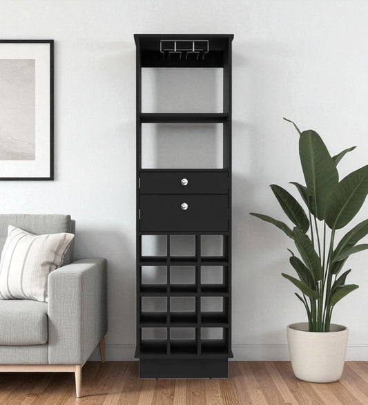 63" Black Wood Bar Cabinet - 12 Bottle Storage & 2 Drawers – Duvencioglu