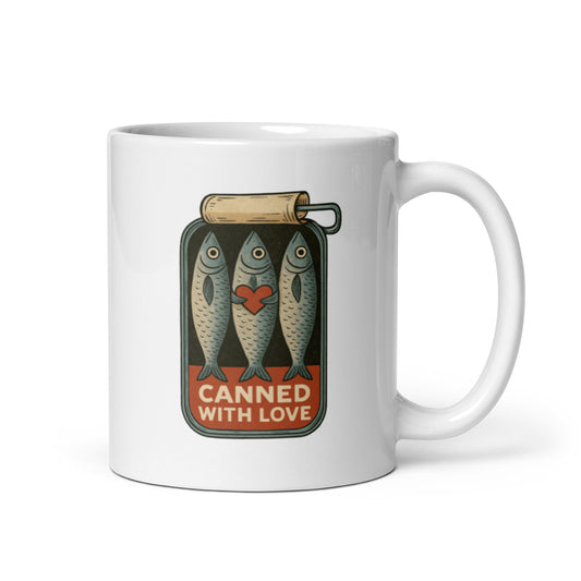 Canned With Love Mug – Funny Sardine Tin Illustration, Retro Coastal Cup Gift – Duvencioglu