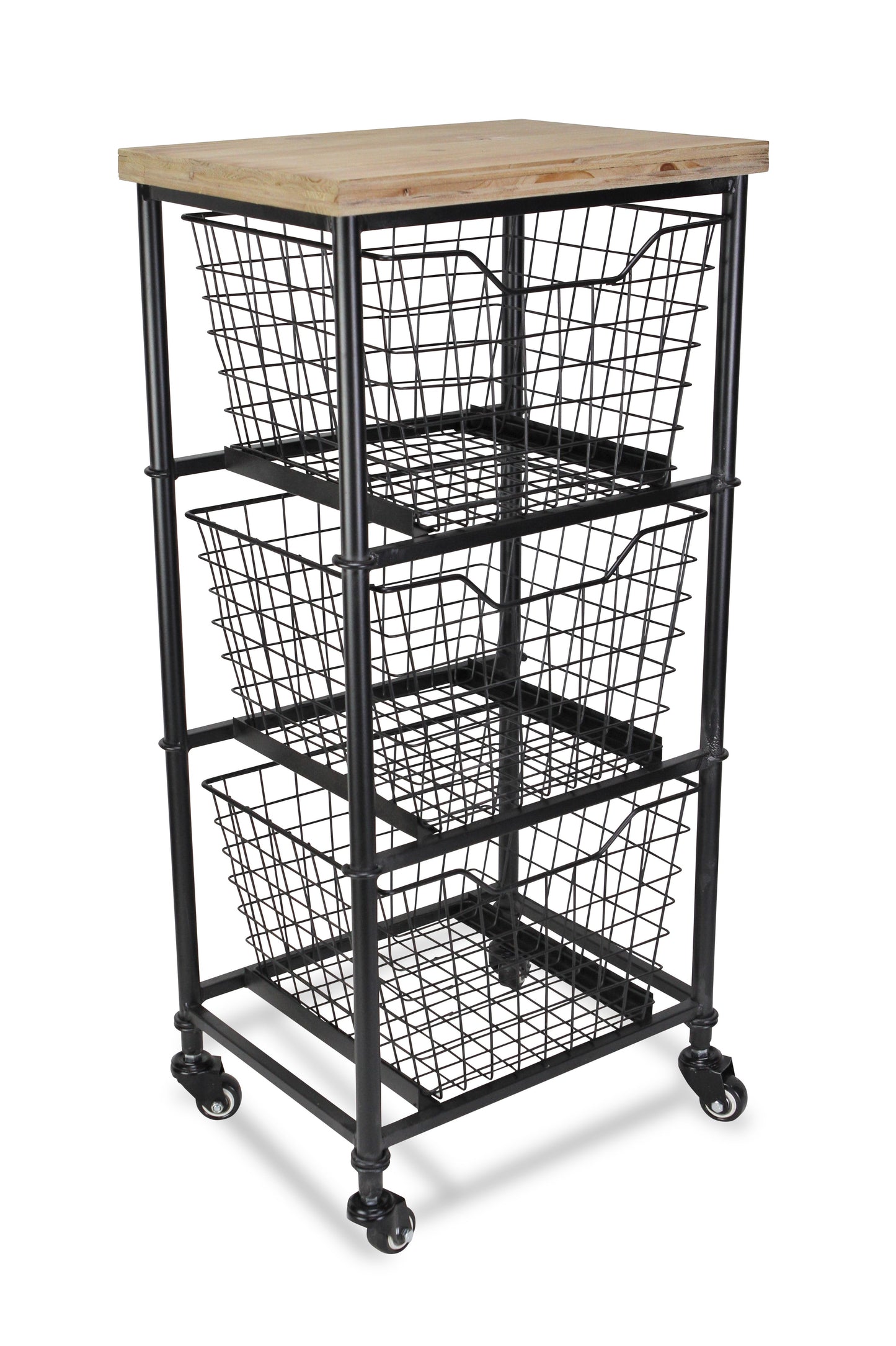 32" Black & Natural Wood Rolling Cabinet - Metal Basket Storage Cart – Duvencioglu