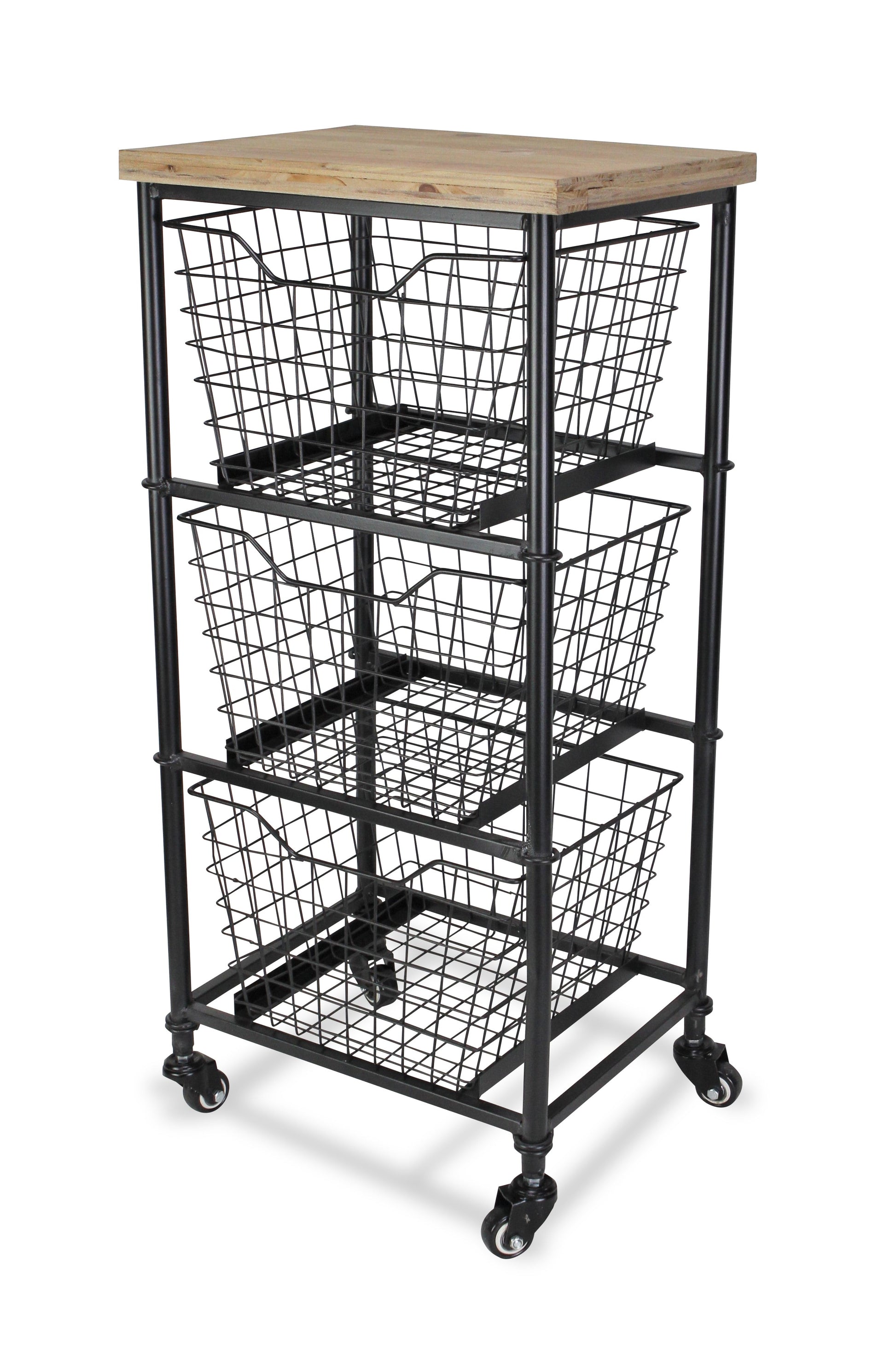 32" Black & Natural Wood Rolling Cabinet - Metal Basket Storage Cart – Duvencioglu