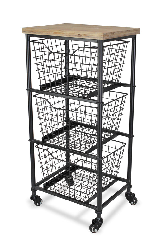 32" Black & Natural Wood Rolling Cabinet - Metal Basket Storage Cart – Duvencioglu
