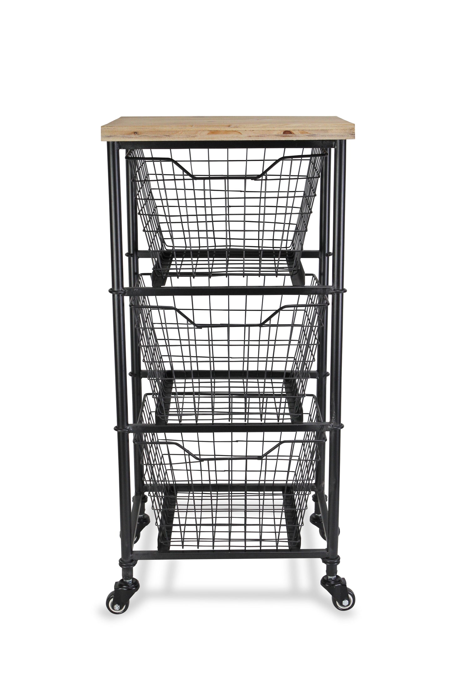 32" Black & Natural Wood Rolling Cabinet - Metal Basket Storage Cart – Duvencioglu