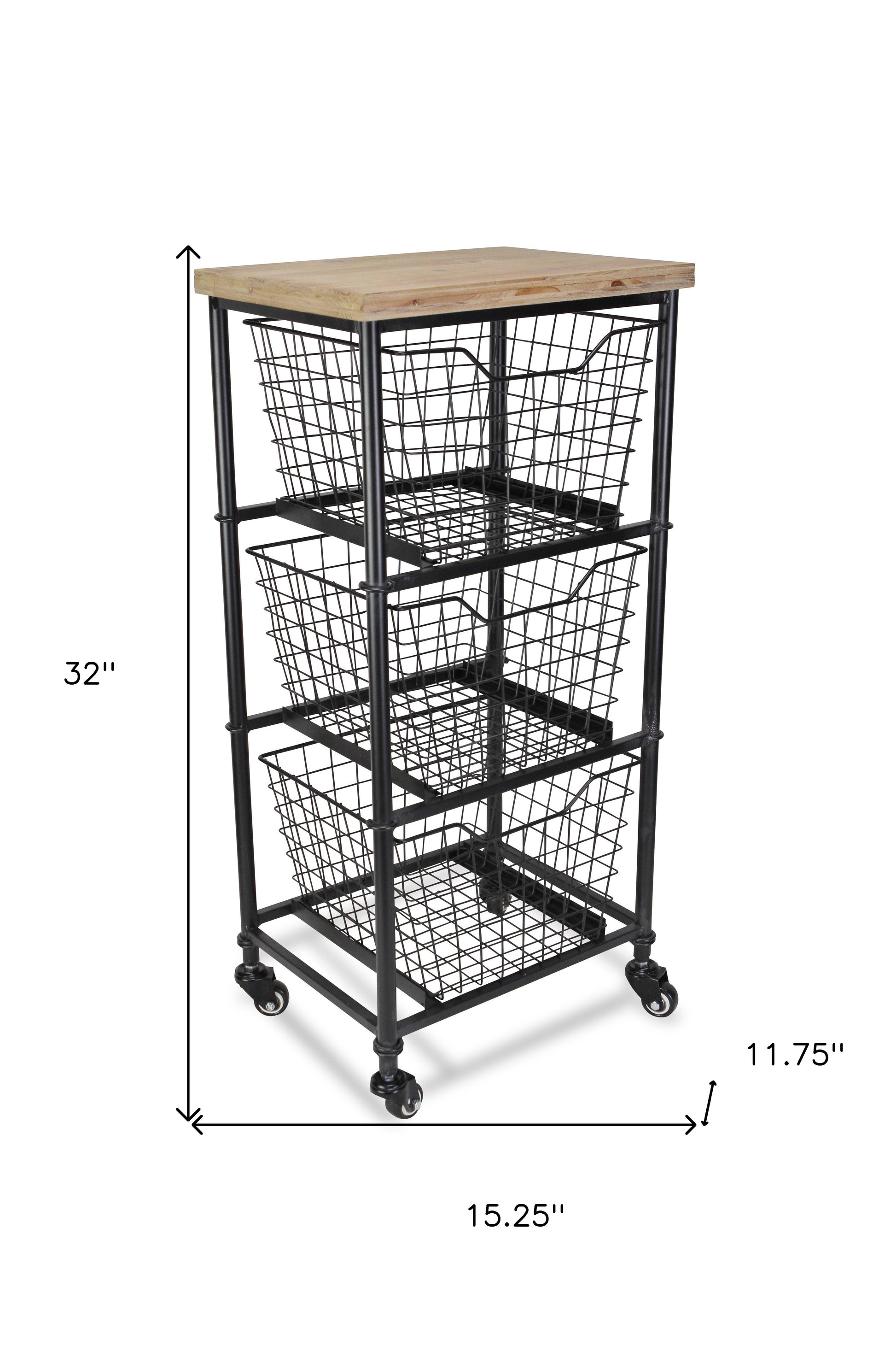 32" Black & Natural Wood Rolling Cabinet - Metal Basket Storage Cart – Duvencioglu