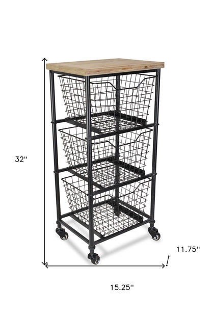 32" Black & Natural Wood Rolling Cabinet - Metal Basket Storage Cart – Duvencioglu