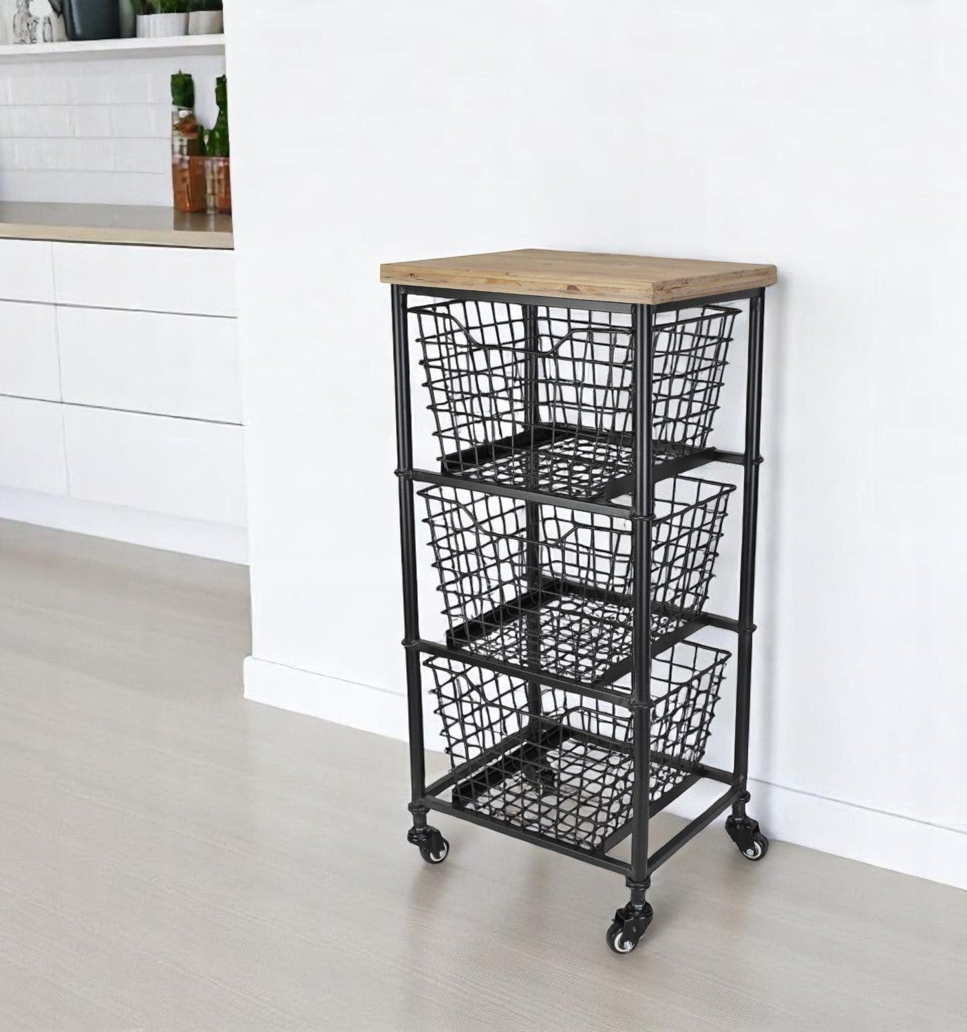 32" Black & Natural Wood Rolling Cabinet - Metal Basket Storage Cart – Duvencioglu