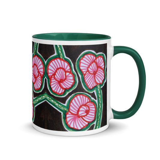 Striped Flower Mug – Hand Drawn Retro Pink Red Blooms on Black, Bold Botanical Coffee Cup – Duvencioglu
