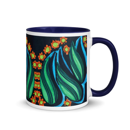 Dark Botanical Mug – Hand Drawn Green Leaves and Orange Flowers on Black Background Coffee Cup – Duvencioglu