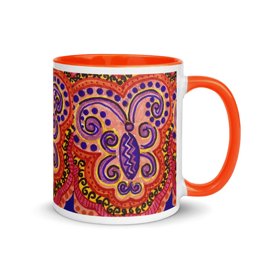 Psychedelic Butterfly Mug with Retro Purple and Orange Swirls – Groovy 70s Boho Coffee Cup – Duvencioglu