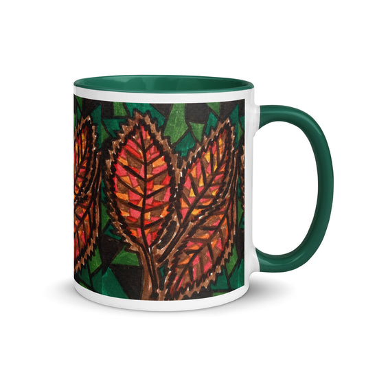 Geometric Fall Leaves Mug – Bold Autumn Leaf Pattern, Warm Earth Tone Coffee Cup, Cozy Seasonal Gift – Duvencioglu