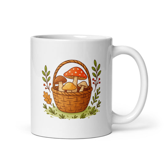 Mushroom Gathering Basket Mug – Forest Foraging Design – Cozy Cottagecore Coffee Cup – Nature Lover Gift Idea – Duvencioglu