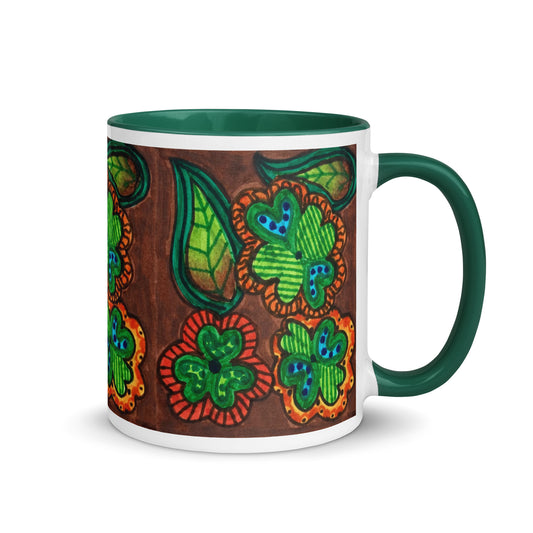 Lucky Clover Mug – Colorful Four Leaf Pattern, Folk Art Inspired Coffee Cup, Whimsical Gift for Good Vibes – Duvencioglu
