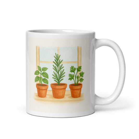 Potted Herbs on Windowsill Mug – Fresh and Simple Home Design – Cozy Cottagecore Coffee Cup – Nature Lover Gift Idea – Duvencioglu