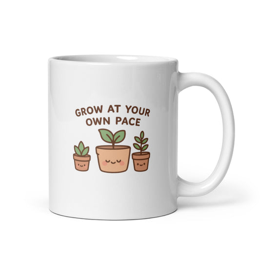 Grow At Your Own Pace Mug – Kawaii Plant Design, Gentle Encouragement Gift, Positive Pastel Self Care Cup – Duvencioglu