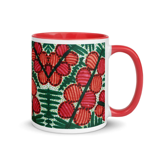Tropical Red Berry Mug – Bold Botanical Leaf & Fruit Pattern in Green and Pink – Duvencioglu