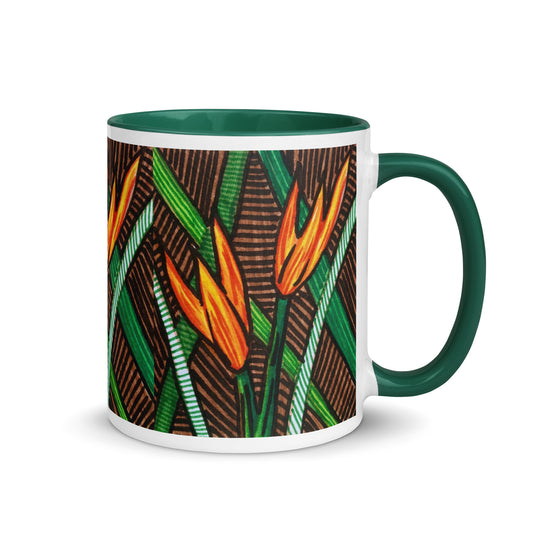 Modern Botanical Mug with Orange Flame Flowers and Green Striped Leaves – Earthy Fall Coffee Cup – Duvencioglu