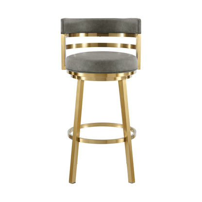 26" Low Back Swivel Bar Chair - Gray Faux Leather & Gold Stainless Steel – Duvencioglu