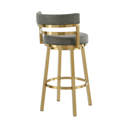 26" Low Back Swivel Bar Chair - Gray Faux Leather & Gold Stainless Steel – Duvencioglu