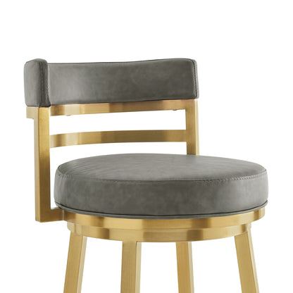 26" Low Back Swivel Bar Chair - Gray Faux Leather & Gold Stainless Steel – Duvencioglu
