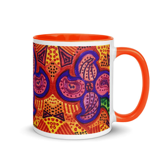 Boho Tribal Flower Mug – Bold Hand-Drawn Abstract Floral Pattern in Warm Tones – Duvencioglu