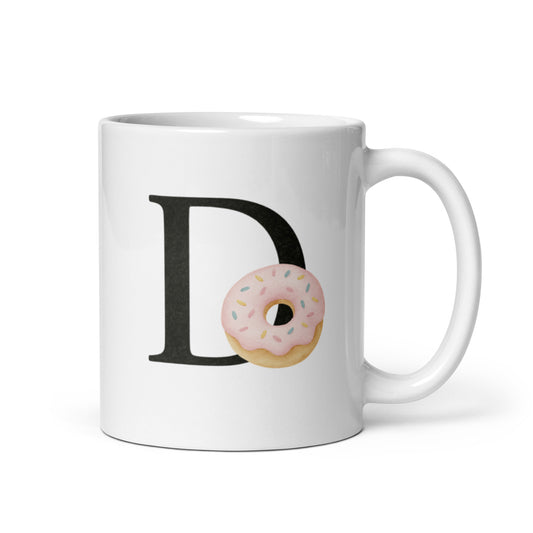 D Initial Mug with Donut Design – Cute Letter D Coffee Cup – Personalized Sweet Gift for Her – Watercolor Monogram Name Mug – Duvencioglu