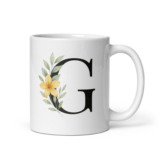 G Initial Mug with Golden Flower – Watercolor Letter G Coffee Cup – Personalized Floral Gift – Custom Name Mug for Her – Duvencioglu