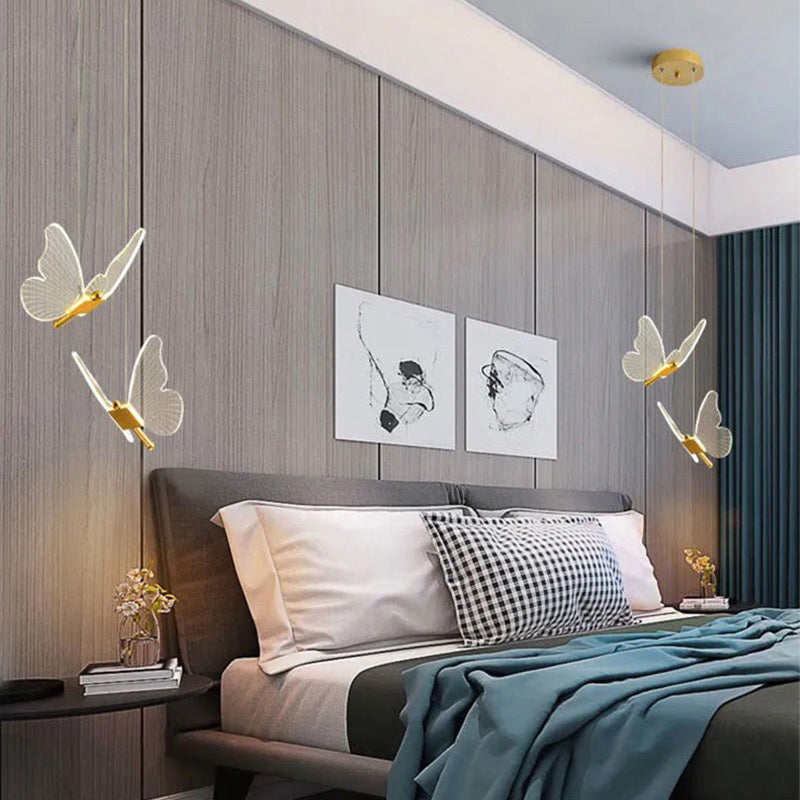 Butterfly-Accent Linear LED Chandelier – Modern Minimalist Bedside Pendant – Duvencioglu