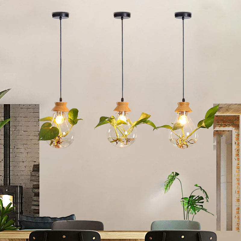 Aquarium-Style Glass & Wood LED Chandelier – 160 mm Single-Head Pendant – Duvencioglu