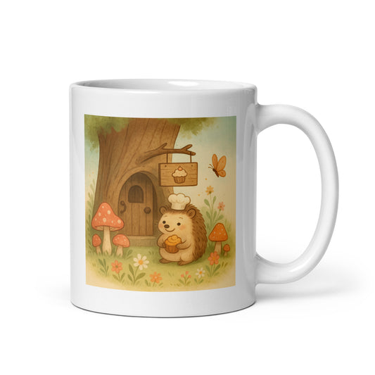 Hedgehog Bakery Mug – Whimsical Woodland Bakery Scene – Cozy Cottagecore Animal Design – Storybook Nature Gift Cup – Duvencioglu