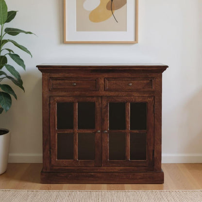 35" Distressed Solid Wood Accent Cabinet - Glass Doors & 2 Drawers – Duvencioglu