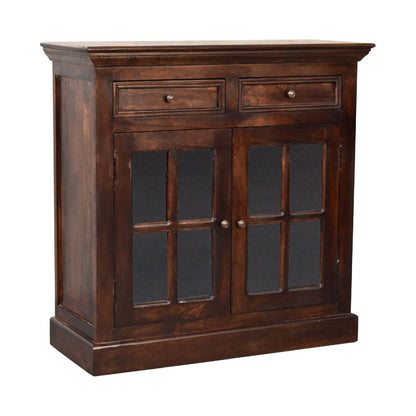 35" Brown Solid Wood Accent Cabinet - Glass Doors & 2 Drawers – Duvencioglu