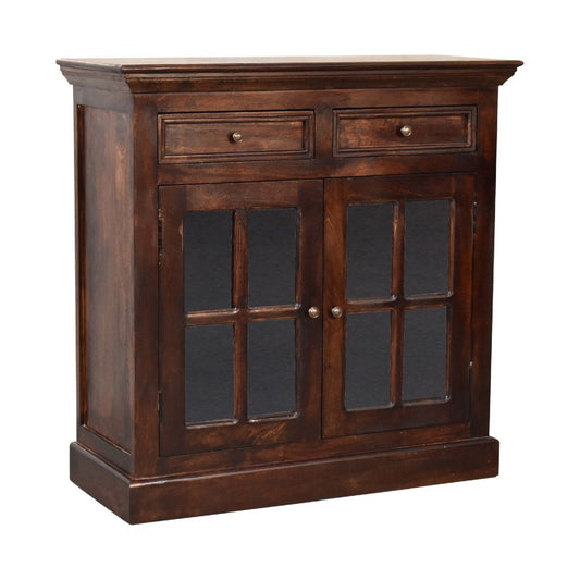 35" Brown Solid Wood Accent Cabinet - Glass Doors & 2 Drawers – Duvencioglu