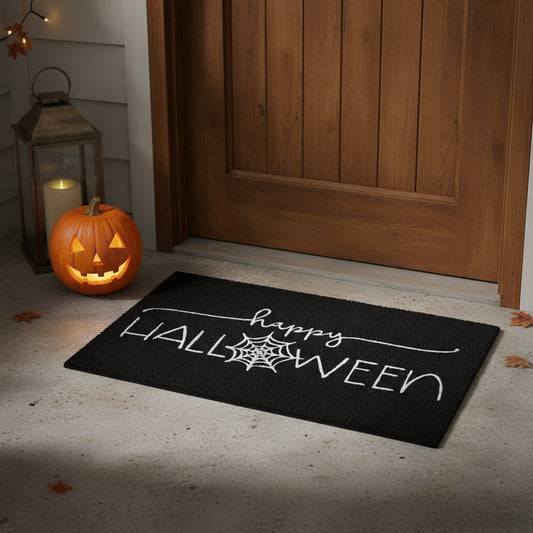 "Happy Halloween" Outdoor Coir Door Mat - Black & White, 17" x 29" – Duvencioglu