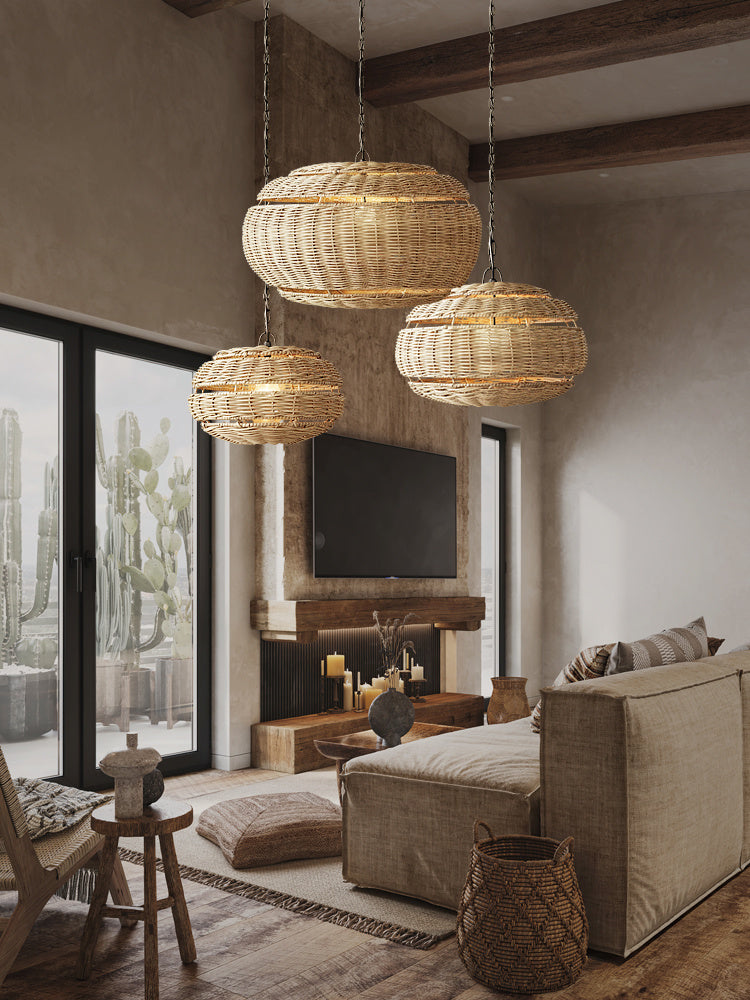 Wabi-Sabi Handwoven Rattan Bedside Chandelier – Natural LED Pendan – Duvencioglu