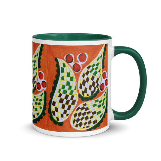 Checkerboard Leaf Pattern Mug – Green & Brown Retro Botanical Coffee Cup, Bold Nature Lover Gift – Duvencioglu