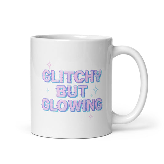 Glitchy but Glowing Mug – Y2K Digital Quote Gift for Soft Tech Souls – Duvencioglu