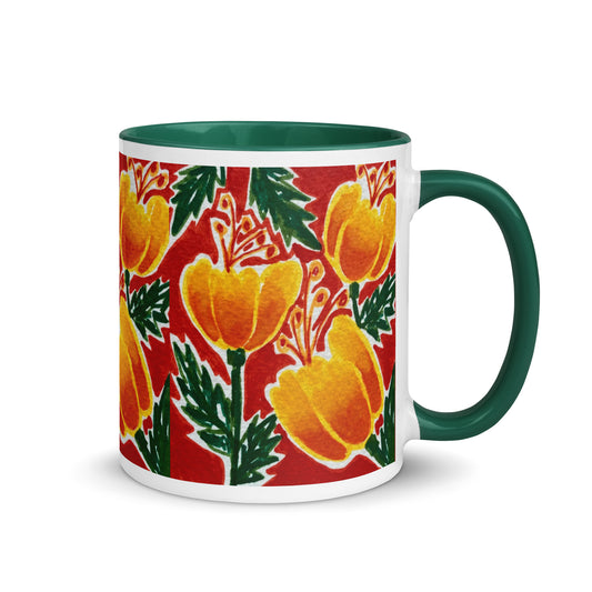 Folk Floral Mug with Orange Yellow Blooms on Red – Rustic Autumn Coffee Cup Design – Duvencioglu