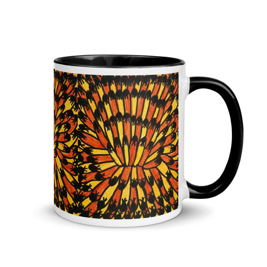 Flame Burst Spiral Mug – Abstract Fire Flower Pattern in Red, Black and Gold – Duvencioglu