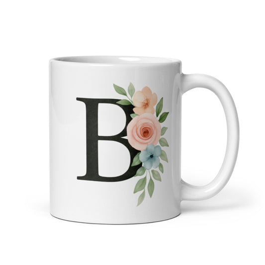 B Initial Mug with Floral Design – Personalized Letter B Cup – Watercolor Monogram Gift for Her – Custom Name Coffee Mug – Duvencioglu