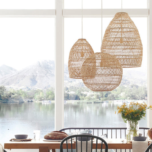 Handwoven Japanese Zen Rattan LED Chandelier – Multi-Size Straw Pendant – Duvencioglu