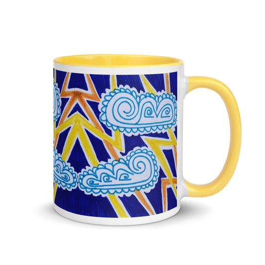 Storm Cloud Mug – Hand Drawn Blue Swirl Clouds with Lightning, Bold Weather-Themed Coffee Cup – Duvencioglu