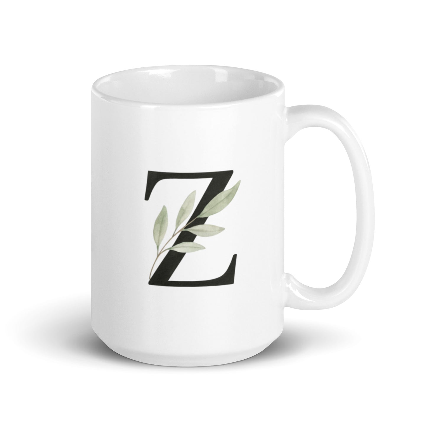 Olive Branch Mug with Z Initial – Watercolor Botanical Letter Cup – Personalized Peaceful Gift – Custom Name Coffee Mug – Duvencioglu