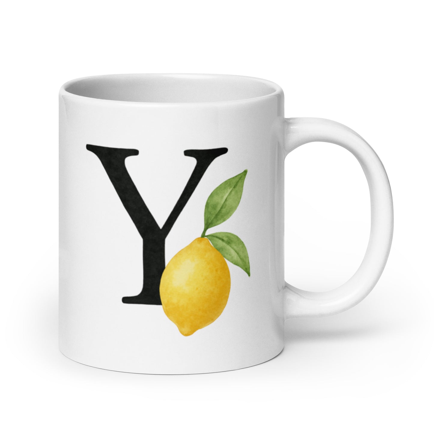 Fresh Lemon Mug with Y Initial – Watercolor Citrus Letter Cup – Personalized Bright Gift – Custom Name Coffee Mug – Duvencioglu