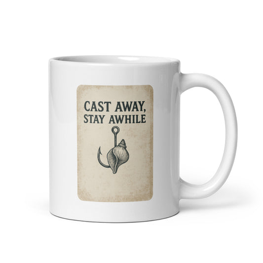 Cast Away Stay Awhile Mug – Rustic Fishing Hook Cup, Vintage Coastal Gift – Duvencioglu