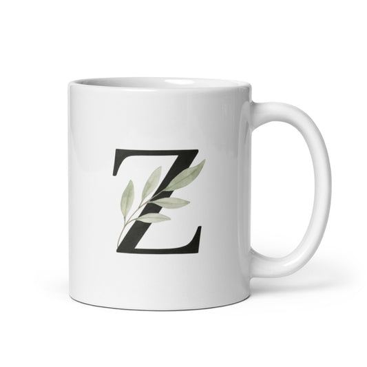 Olive Branch Mug with Z Initial – Watercolor Botanical Letter Cup – Personalized Peaceful Gift – Custom Name Coffee Mug – Duvencioglu