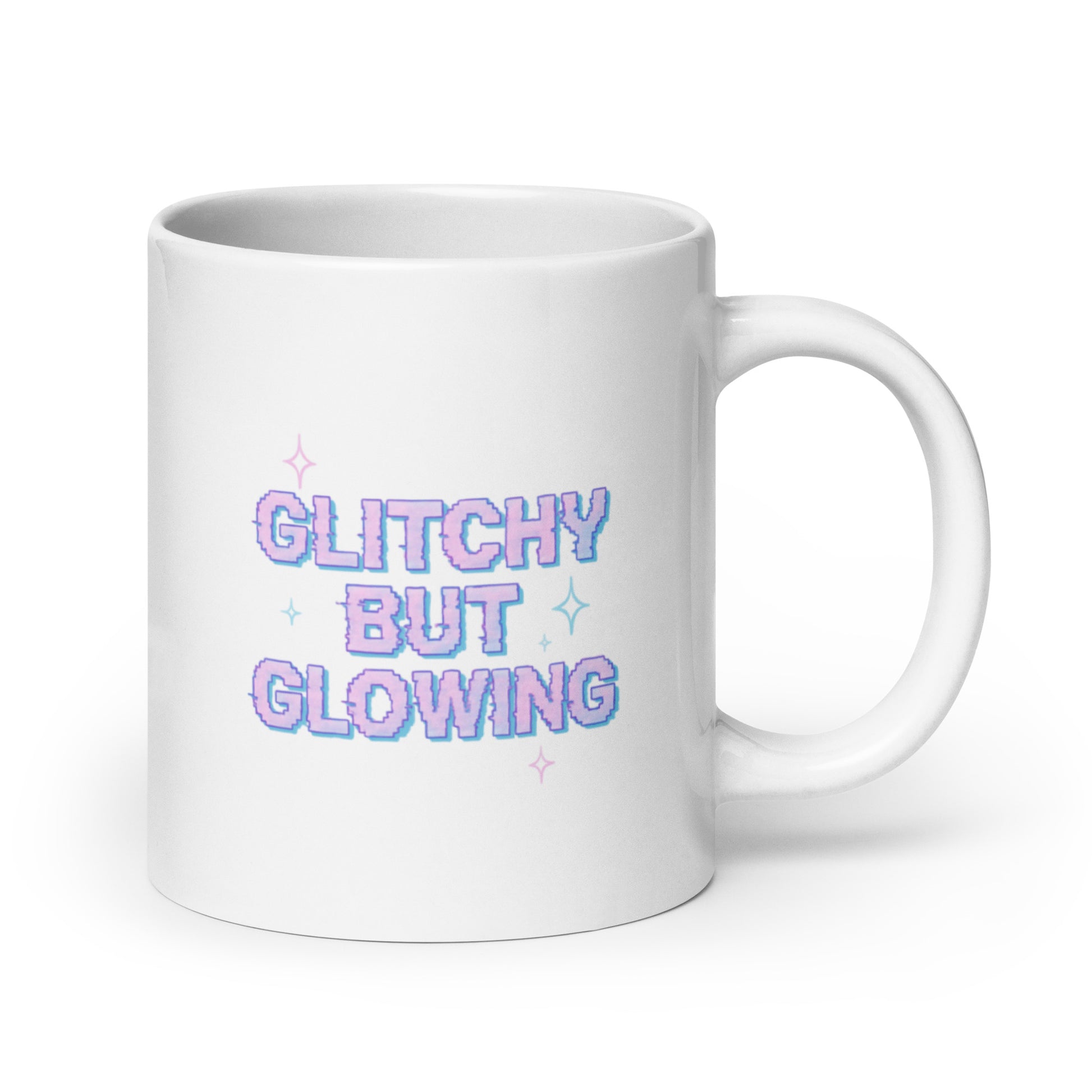 Glitchy but Glowing Mug – Y2K Digital Quote Gift for Soft Tech Souls – Duvencioglu