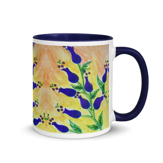 Purple Buds Floral Mug – Hand Drawn Violet Flowers on Warm Yellow Background, Botanical Coffee Cup – Duvencioglu